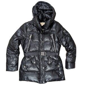 Michael Kors Black Down Belted Puffer Coat Women's Size Medium Stowable Hood
